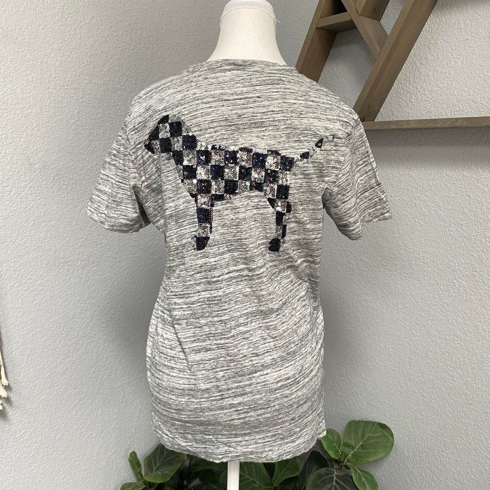 VS PINK GREY HEATHER SHORT SLEEVE POCKET SHIRT BLACK SILVER SEQUIN DOG Y2K ALT